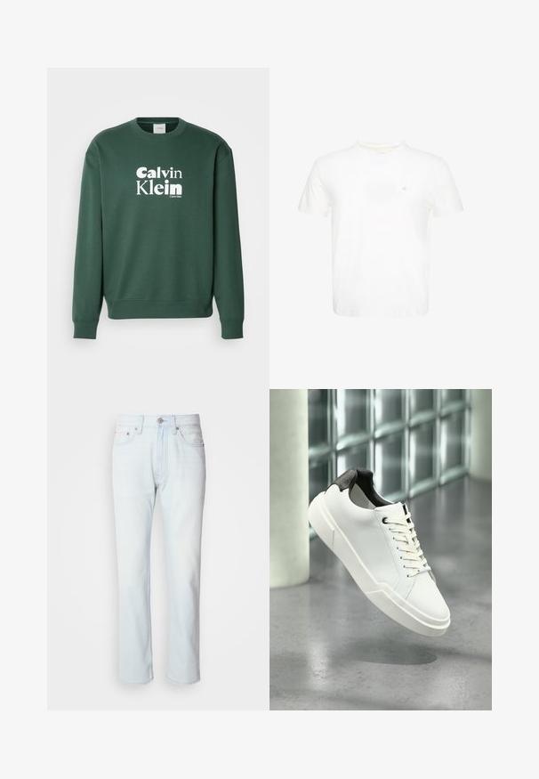 Grøn sweatshirt lavet af bomuldsblanding, med rund halsudskæring og ribbede manchetter. Viser hvid "Calvin Klein" logo på fronten.; Hvid T-shirt med korte ærmer og rund hals med lille broderet "ck" logo på venstre bryst.; Lyseblå denimjeans med lige ben. Har en knaplukning og bæltestropper, viser en falmet tekstur og minimal syning.; Hvid lav tå-sneaker med sort struktureret hælfane, hvide snørebånd og tyk sål på en poleret betongulv nær glasblokke.