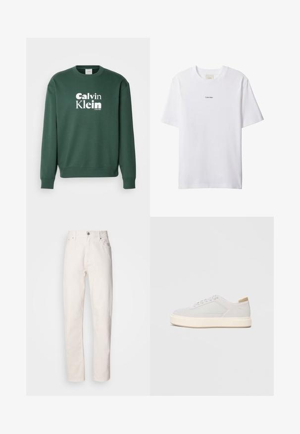 Groene sweatshirt van een katoenmix, met een ronde hals en ribgebreide manchetten. Toont het witte "Calvin Klein" logo op de voorkant.; Witte katoenen T-shirt met een ronde hals en korte mouwen. Heeft een klein zwart "Calvin Klein"-logo in het midden van de borst.; Spijkerbroek van wit denim met rechte pijpen, knoop- en ritsluiting, riemlussen en voor- en achterzakken, weergegeven op een effen achtergrond.; Lichtgrijze sneakers met een glad synthetisch bovenwerk, ronde neus en een gestructureerde crème tussenzool. Lichte tan accenten op de hak.