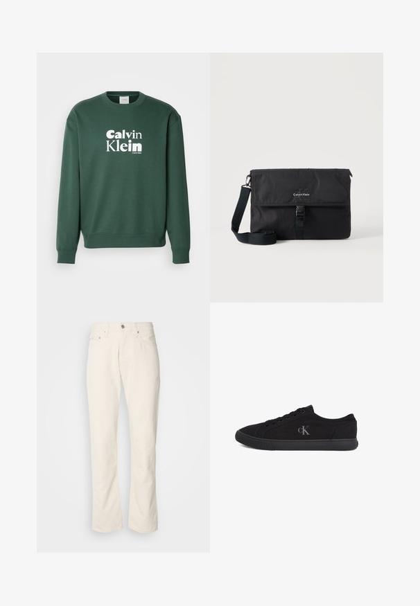 Groene sweatshirt van een katoenmix, met een ronde hals en ribgebreide manchetten. Toont het witte "Calvin Klein" logo op de voorkant.; Beige katoenen jeans met een klassiek recht model, met een knoopsluiting aan de voorkant, vijf zakken en subtiele stikdetails.; Zwarte lage sneaker met vetersluiting aan de voorkant, rubberen zool en een grijs "cK"-logo aan de zijkant, gezien vanaf de buitenkant.; Zwarte Calvin Klein messenger bag met verstelbare schouderriem en klep aan de voorkant die met een gesp is vastgemaakt, afgebeeld tegen een effen achtergrond.
