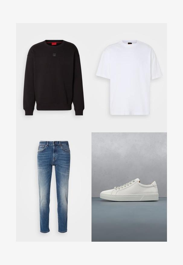 Schwarzer Sweatshirt aus weichem Material mit geripptem Rundhalsausschnitt und -bündchen. Ein kleines schwarzes Logo-Abzeichen befindet sich mittig auf der Brust.; Weißes Baumwoll-T-Shirt mit Rundhalsausschnitt, kurzen Ärmeln und lässiger Passform. Verfügt über strukturierte Schulternaht für zusätzliche Details.; Blaue Jeans aus Denim mit geradem Bein, leichter Ausbleichung, klassischer Fünf-Taschen-Stil und einem Reißverschluss mit Knopfverschluss.; Weißes Leder-Sneaker mit abgerundetem Zehenbereich, minimalistisches Design, graue Schnürsenkel und einer strukturierten grauen Gummisohle. Dezente Nähte sichtbar.