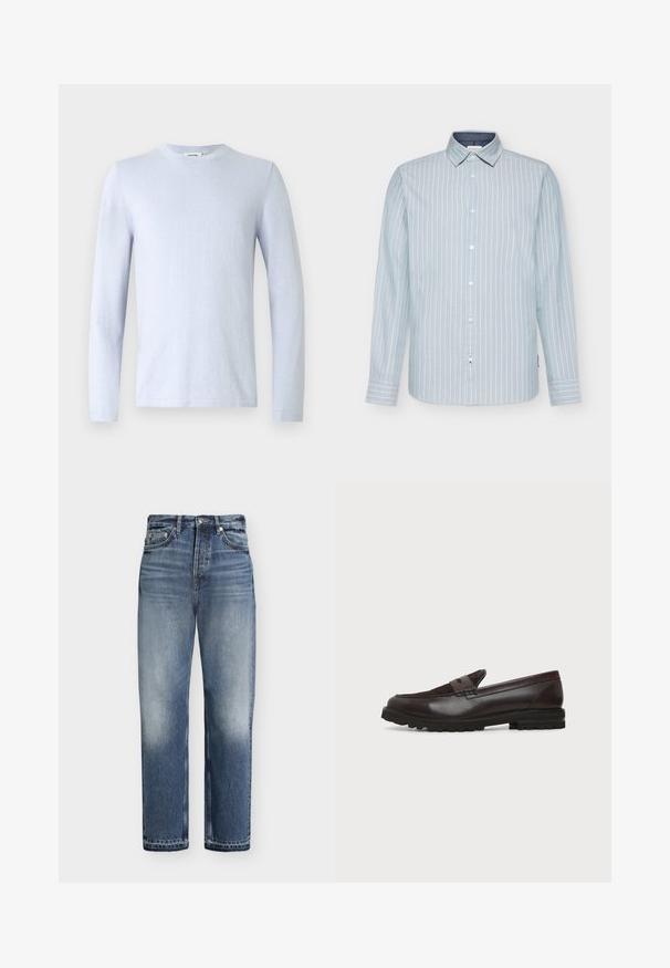T-shirt à manches longues bleu clair en tissu lisse, avec un col rond et des coutures minimales, présentant un design simple sans motifs ni accents.; Chemise à manches longues bleu clair avec des rayures verticales blanches, col boutonné et intérieur de col bleu marine contrastant. Tissu en coton doux.; Jean bleu taille haute à jambes droites avec des détails délavés, poches avant, fermeture par bouton et passants de ceinture sur fond blanc.; Mocassin penny en cuir et daim marron foncé avec semelle épaisse en caoutchouc noir, profil latéral sur fond blanc.