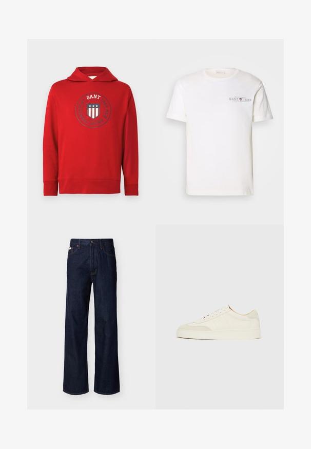 Sweat-shirt rouge en coton avec un logo représentant un bouclier, des étoiles et des rayures en marine et blanc. Il dispose d'une capuche avec cordon et de poignets côtelés.; T-shirt en coton blanc avec un col rond, des manches courtes et un logo imprimé. Présente un design minimaliste et une coupe décontractée.; Jean droit en denim bleu foncé avec design à cinq poches et fermeture par boutons, présenté sur un fond clair uni.; Baskets en daim blanc à finition lisse, embout rond, design lacé plat, avec des accents texturés contrastants. Comprend un détail de logo subtil.