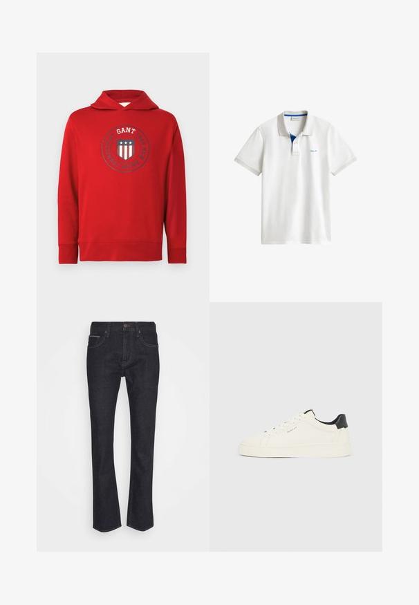 Sweat-shirt rouge en coton avec un logo représentant un bouclier, des étoiles et des rayures en marine et blanc. Il dispose d'une capuche avec cordon et de poignets côtelés.; Polo blanc à manches courtes avec bordure intérieure de col bleue et petit logo bleu "GANT" sur le côté gauche de la poitrine.; Jeans en denim bleu foncé avec un design à jambe droite. Comprend une fermeture à bouton, des passants de ceinture et un style classique à cinq poches.; Baskets basses blanches avec languette de talon noire, lacets blancs et logo "GANT" sur le côté, présentées sur un fond clair uni.