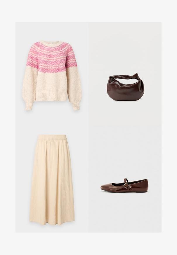 Gehaakte trui met een crèmekleurige basis, voorzien van een gradient roze patroon over de borst en wijd uitlopende mouwen. Geribbelde zoom en manchetten.; Lange beige rok met elastische tailleband, zachte textuur stof en een losse, vloeiende silhouet.; Bruine gepatineerde leren balletschoen met een vierkante neus en een bandje met een kleine gouden gesp. Gladde textuur, lage hak en minimalistisch ontwerp.; Donkerbruine leren schoudertas met een zachte, slungelige vorm en een gedraaide knoopvormige handgreep op een effen witte achtergrond.