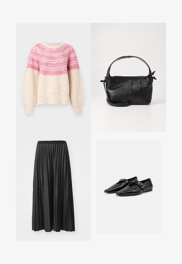 Gehaakte trui met een crèmekleurige basis, voorzien van een gradient roze patroon over de borst en wijd uitlopende mouwen. Geribbelde zoom en manchetten.; Zwarte geplisseerde maxi rok met een gladde textuur en een elastische tailleband, met verticale plooien die volume en beweging creëren.; Paar zwarte lakleren platte schoenen met puntige neuzen en een gespenriem over de bovenkant, getoond op een effen lichte achtergrond.; Zwarte leren handtas met een gestructureerd ontwerp, een ronde bovenhandgreep en een afneembare schouderriem. Beschikt over een gladde textuur en een subtiele glans.