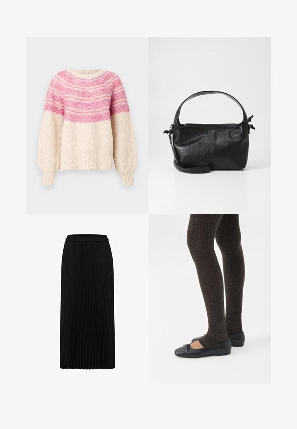 Pull en tricot présentant une base crème, avec un motif dégradé rose sur la poitrine et des manches amples. Ourlet et bords côtelés.; Jupe midi plissée noire avec taille élastique et plis verticaux, présentée sur fond blanc.; Jambes portant des leggings côtelés foncés associés à des ballerines noires avec de petits détails en nœud sur fond blanc.; Sac à main en cuir noir au design structuré, avec une poignée arrondie et une bandoulière amovible. Présente une texture lisse et un éclat subtil.