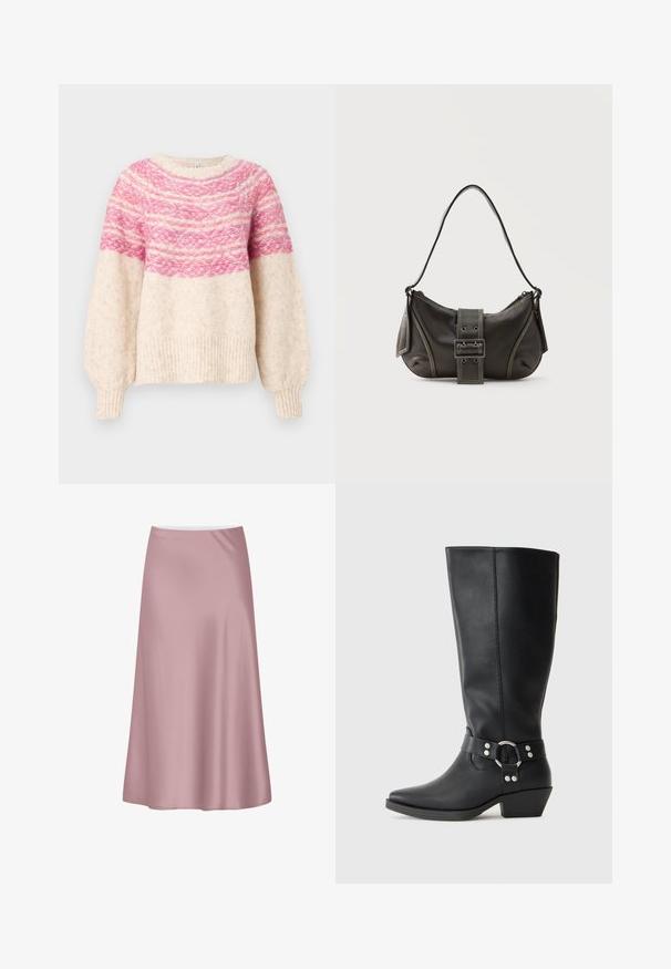 Pull en tricot présentant une base crème, avec un motif dégradé rose sur la poitrine et des manches amples. Ourlet et bords côtelés.; Jupe midi en satin rose doux avec une silhouette trapèze et un tissu lisse et fluide.; Bottines noires en cuir hauteur genou avec un bout pointu, dotées d'une sangle décorative à la cheville et d'accents en métal argenté. Talon bas empilé.; Sac à épaule en cuir noir avec une sangle à boucle, des bords arrondis et des coutures blanches contrastées sur un fond uni.