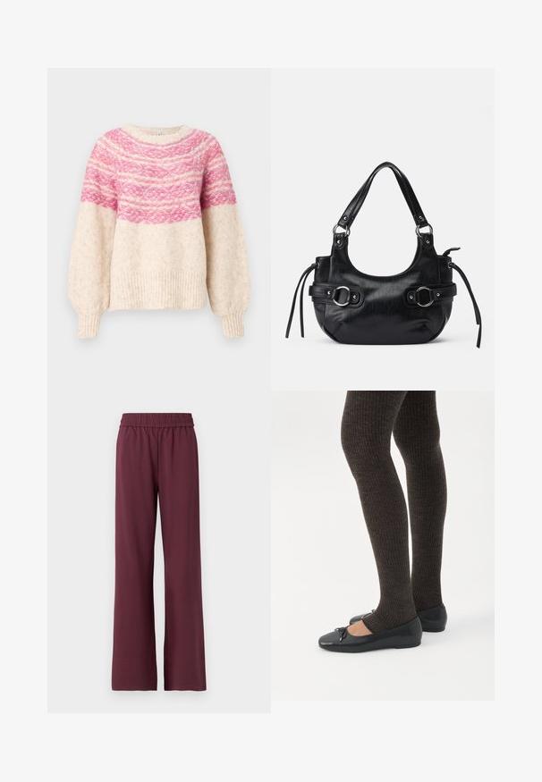 Strikket sweater med en cremeløs bund, prydet med et gradient pink mønster henover brystet og bløde ærmer. Ribbet kant og manchetter.; Bordeaux brede bukser med elastisk talje, lavet af blødt stof, med en glat overflade og en afslappet pasform.; Ben iført mørke ribbede leggings kombineret med sorte balletsko med små sløjfedetaljer på hvid baggrund.; Sort læderhåndtaske med en rund form, der har to sidelukninger, en glat tekstur og en kort skulderrem. Der er pynt i form af sidekæder.