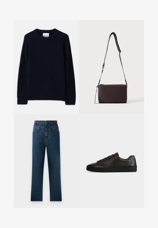 Námornícky modrý rebrovaný pletený sveter s okrúhlym výstrihom a dlhými rukávmi. Obsahuje rovný lem a textúrovaný vzor po celom obvode.; Tmavomodré džíny so rovnými nohavicami a vysokým pásom, s prednými vreckami a gombíkovým zapínaním. Textúrovaná tkanina s jemným vyblednutím.; Nízky profil tmavohnedých kožených tenisiek s čiernou gumovou podrážkou, šnurovanie vpredu a hladkým minimalistickým dizajnom na svetlom pozadí.; Tmavohnedá kožená crossbody taška s textúrou, nastaviteľným popruhom a malým dekoratívnym modrým prvkom na boku.