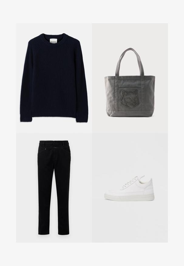 Marineblå ribstrikket sweater med rund halsudskæring og lange ærmer. Har en lige kant og et struktureret mønster over hele. ; Sorte denimbukser med straight-leg design, der har knaplukning, fem lommestyle og en glat tekstur.; Hvid lædersneaker med rundet tå, flad sål og snørebånd foran. Har syningsdetaljer og polstret krave for komfort.; Grå lærredsnet med to håndtag og frontlomme med broderet ulvehoveddesign.