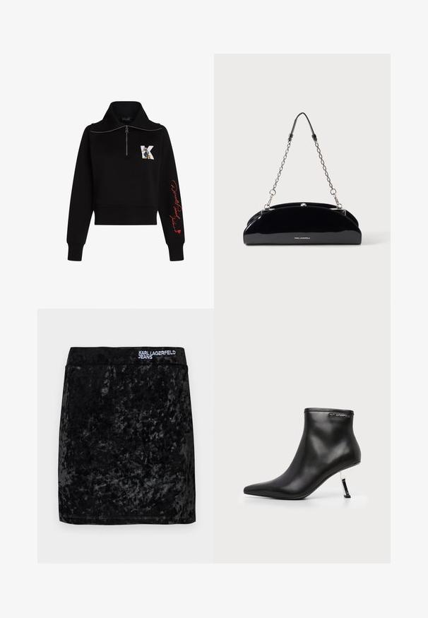 Sort cropped sweatshirt med høj krave, sølv lynlås og rød kursiv tekst på ærmet. Har et tegneserie logo på forsiden.; Sort fløjl mini nederdel med en let glans, der har en bred talje. Logoet "KARL LAGERFELD JEANS" er broderet i hvidt på taljen.; Sort læder ankelstøvle med spids tå og en blank sølv stilethæle på en hvid baggrund.; Sort blank skuldertaske med sølvkæde og lille KARL LAGERFELD-logo foran, mod en ensartet lys baggrund.
