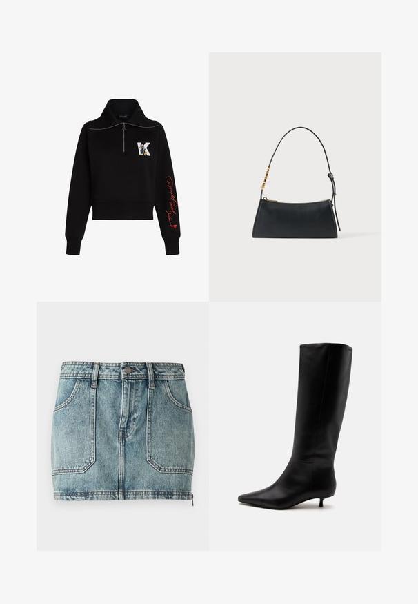 Sort cropped sweatshirt med høj krave, sølv lynlås og rød kursiv tekst på ærmet. Har et tegneserie logo på forsiden.; Lysblå denimminiskørt med fem lommer, bæltestropper, metalknaplukning og kontrastsyninger.; Sort læder knæhøj støvle med spids snude og lav kittenhæl mod en ensfarvet lys baggrund.; Sort læderhåndtaske med en guldlås og justerbar rem med gyldne rektangulære detaljer på en hvid baggrund.