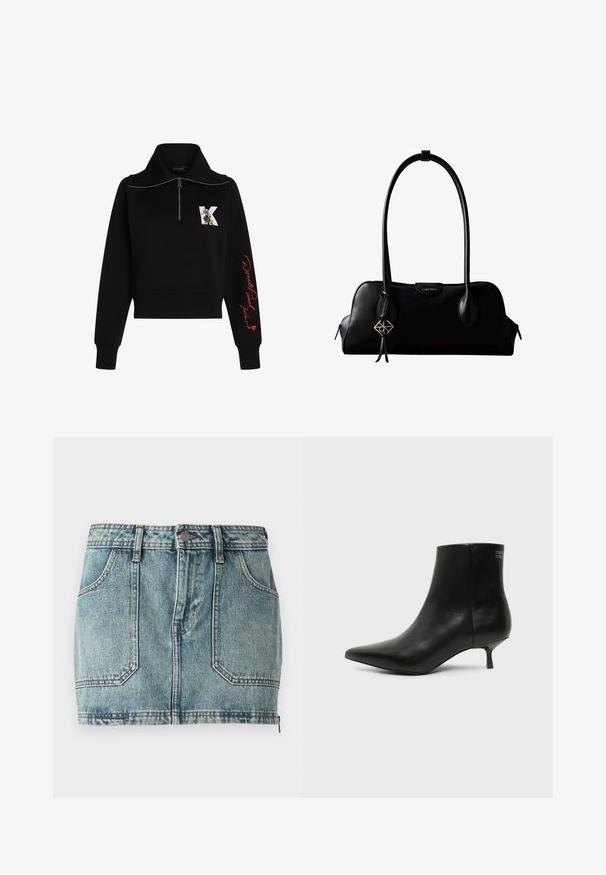 Schwarzes, kurzes Sweatshirt mit hohem Kragen, silbernem Reißverschluss und rotem, geschwungenem Text auf dem Ärmel. Auf der Vorderseite befindet sich ein Cartoon-Logo.; Helles, blaues Denim-Minirock mit Fünf-Taschen-Design, Gürtelschlaufen, Metallknopfverschluss und kontrastierenden Nähten.; Schwarzer Leder-Knöchel-Stiefel mit spitzer Spitze und niedrigem Kittenabsatz vor hellem Hintergrund, seitliche Ansicht.; Schwarze Lederhandtasche von Calvin Klein mit langen Henkeln, einem vorderen Logo-Tag und einem silbernen geometrischen Anhänger, der an einem Henkel hängt.