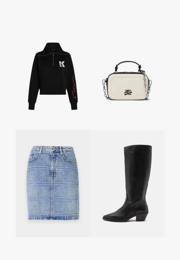 Sort cropped sweatshirt med høj krave, sølv lynlås og rød kursiv tekst på ærmet. Har et tegneserie logo på forsiden.; Denim nederdel i lyseblå med et rutenetmønster. Har høj talje, to forlommer og syningsdetaljer langs kanten og sømmene.; Sort læderstøvle til midtkalv med spids tå og lavt skråt hæl på en enkel lys baggrund.; Lille rektangulær cremefarvet håndtaske med sort kant, topgreb og sølvkædesele, med en sort logo på fronten.