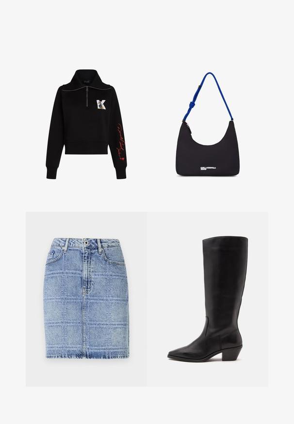 Sort cropped sweatshirt med høj krave, sølv lynlås og rød kursiv tekst på ærmet. Har et tegneserie logo på forsiden.; Denim nederdel i lyseblå med et rutenetmønster. Har høj talje, to forlommer og syningsdetaljer langs kanten og sømmene.; Sort læderstøvle til midtkalv med spids tå og lavt skråt hæl på en enkel lys baggrund.; Sort nylon skuldertaske med en buet form, blå rebrem og sølvlogo detaljer på forsiden. Lynlåslukning på toppen.
