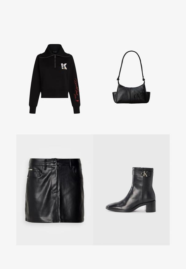Sort cropped sweatshirt med høj krave, sølv lynlås og rød kursiv tekst på ærmet. Har et tegneserie logo på forsiden.; Sort læder mini-nederdel med skræddersyet design, der har forlommer, knaplukning og en glat overflade.; Sort læder ankelstøvle med spids tå, blokhæl og en rem med en metallisk logo detalje. Glat tekstur og minimalistisk design.; Sort læder skuldertaske med lang rem, sidelommer og præget Calvin Klein-logo på fronten.