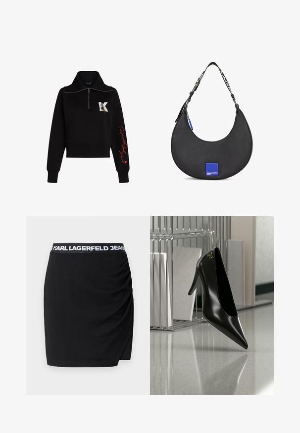 Sudadera corta negra con cuello alto, cremallera plateada y texto rojo en cursiva en la manga. Presenta un logo de dibujos animados en la parte delantera.; Minifalda negra con un ajuste ceñido, textura fruncida en los laterales y una cinturilla elástica de marca con letras blancas.; Zapato de tacón alto negro con punta afilada y logo dorado, colocado sobre una superficie reflectante cerca de un organizador de archivos de alambre cromado con documentos.; Bolso de hombro de cuero negro con una silueta curva, que presenta un acento de logo cuadrado azul y una correa de contraste con texto.