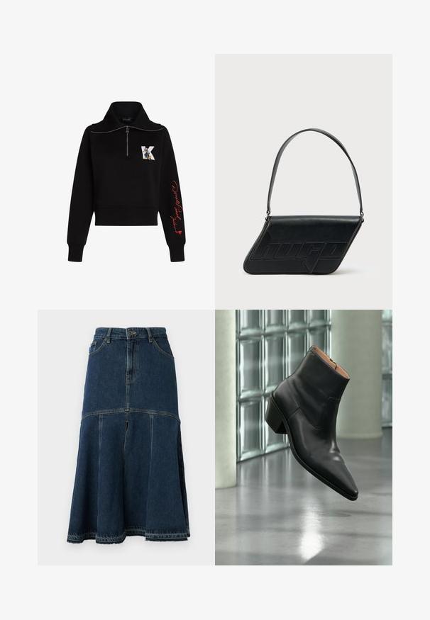 Sort cropped sweatshirt med høj krave, sølv lynlås og rød kursiv tekst på ærmet. Har et tegneserie logo på forsiden.; Denimnederdel i mørkeblå med en udvidet form, der har høj talje, forlommer og en rå kant. Slidt tekstur og syning detaljer.; Sort læderankelstøvle med spids tå og blokhæl, der svæver over en reflekterende grå gulv nær en væg af glasblokke.; Sort skuldertaske i læder med trekantet form, præget logo og en enkelt justerbar rem. Minimalistisk design med glat tekstur.