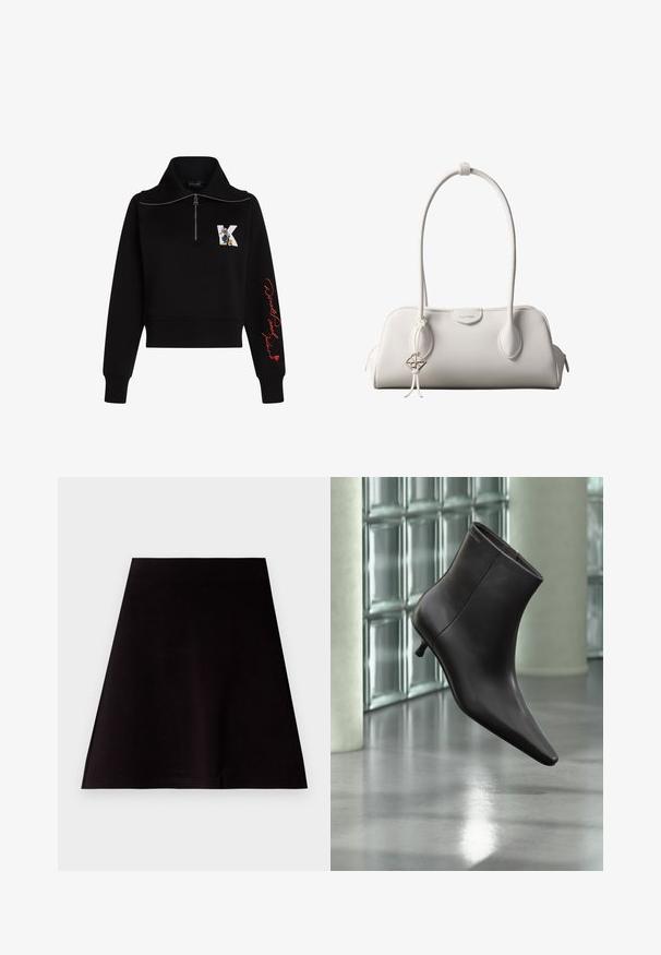 Sort cropped sweatshirt med høj krave, sølv lynlås og rød kursiv tekst på ærmet. Har et tegneserie logo på forsiden.; Sort A-linje mini nederdel lavet af glat stof med et rent, enkelt design. Den har en lige kant og ingen synlige mønstre eller udsmykninger.; Sort læderankelstøvle med spids tå og lille hæl vist mod en væg af glasblokke og poleret gulv baggrund.; Hvid Calvin Klein skuldertaske med lange håndtag, rektangulær form, lynlåslukning og dekorativt logohæng tæt på håndtaget.