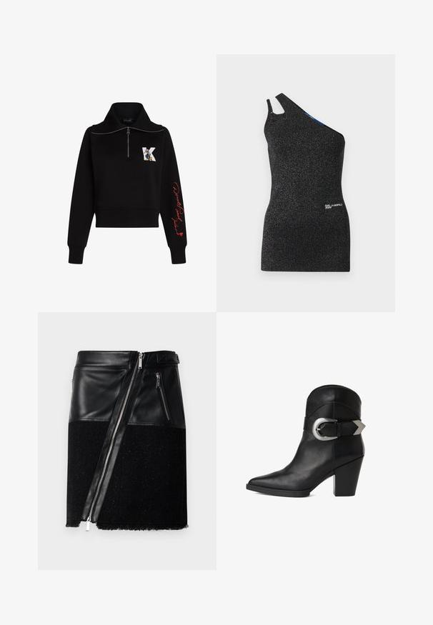 Sort cropped sweatshirt med høj krave, sølv lynlås og rød kursiv tekst på ærmet. Har et tegneserie logo på forsiden.; Sorte top med én skulder, lavet af struktureret stof med metaltråde. Har en udskæring ved skulderen og et logo detalje ved kanten.; Sort nederdel der kombinerer læder og struktureret stof. Har en diagonal lynlås, to sidelommer med lynlås og en frynset kant forneden.; Sort læder ankelsko med spidse tæer, kraftig hæl og en bred rem med en cirkulær sølvspænde på siden. Glat tekstur.