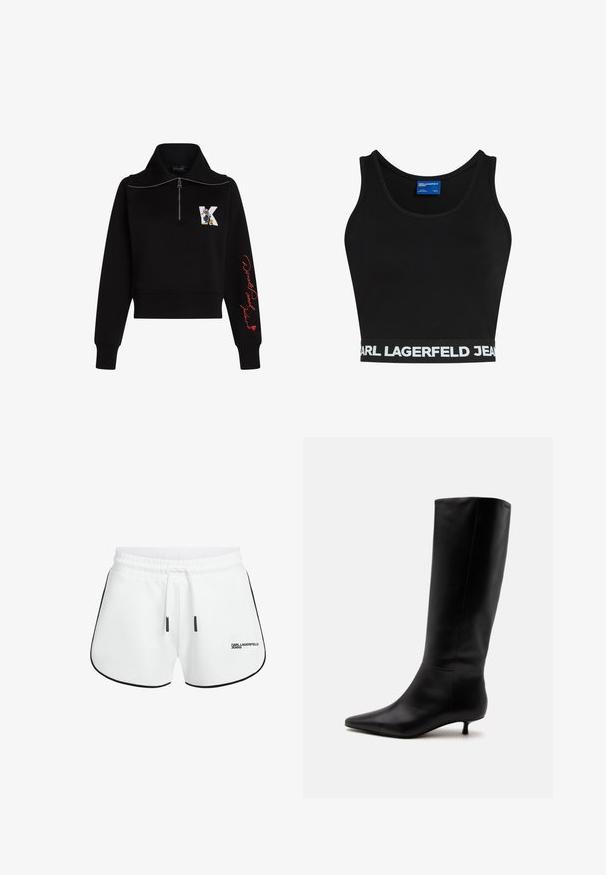 Schwarzes, kurzes Sweatshirt mit hohem Kragen, silbernem Reißverschluss und rotem, geschwungenem Text auf dem Ärmel. Auf der Vorderseite befindet sich ein Cartoon-Logo.; Schwarzes, kurzes Tanktop aus elastischem Material mit rundem Ausschnitt und breitem, weißem Marken-Gummiband am Saum.; Weiße Shorts aus weichem Stoff, mit schwarzer Paspelierung an den Seiten, einem elastischen Bund und einem vorderen Kordelzug. Logo an der Hüfte angebracht.; Schwarzer kniehoher Lederstiefel mit spitz zulaufender Schuhspitze und niedrigem Kittenabsatz vor einem schlichten hellen Hintergrund.