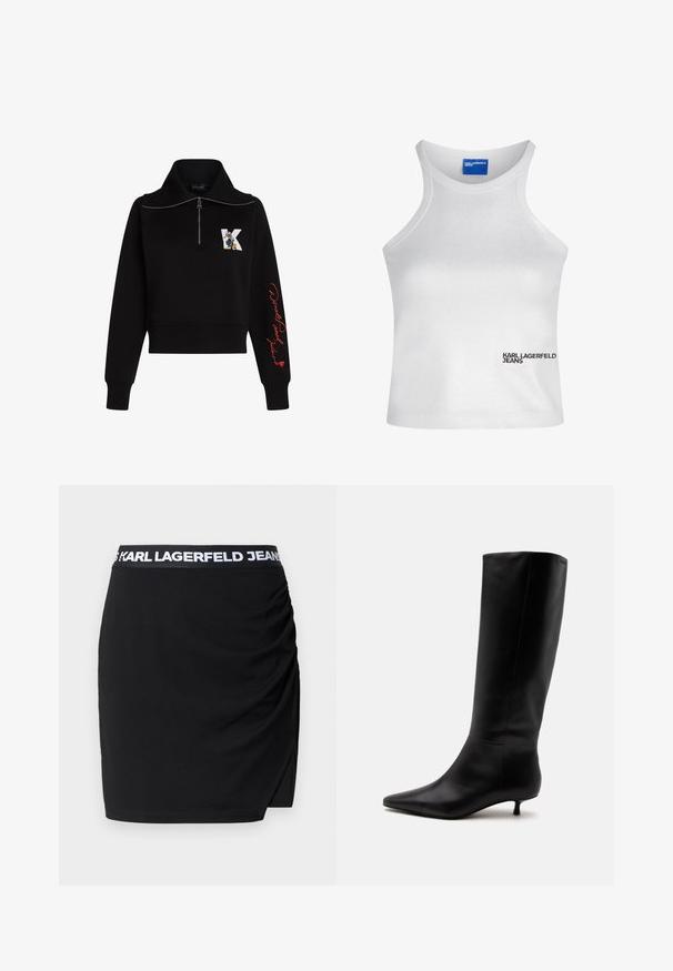 Sort cropped sweatshirt med høj krave, sølv lynlås og rød kursiv tekst på ærmet. Har et tegneserie logo på forsiden.; Hvid ærmeløs crop top med høj hals og "Karl Lagerfeld Jeans" logo nederst til højre foran.; Sort mini-sylt, der har en stram pasform, plisseret tekstur på siden og en elastisk talje med mærke og hvid skrift.; Sort læder knæhøj støvle med spids snude og lav kittenhæl mod en ensfarvet lys baggrund.