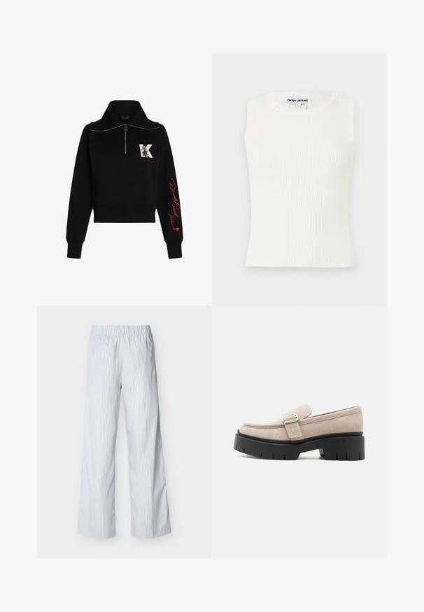 Sort cropped sweatshirt med høj krave, sølv lynlås og rød kursiv tekst på ærmet. Har et tegneserie logo på forsiden.; Hvid ærmeløs ribbet top med en rund halsudskæring, lavet af strækbart stof. Har et label med teksten "DKNY JEANS" ved kraven.; Hvide bukser med tynde, lodrette blå striber, elastisk taljebånd, lige ben og letvægtstof til afslappet brug.; Beige ruskindslipper med sølvspænde og tyk sort kraftig sål, set fra siden på hvid baggrund.