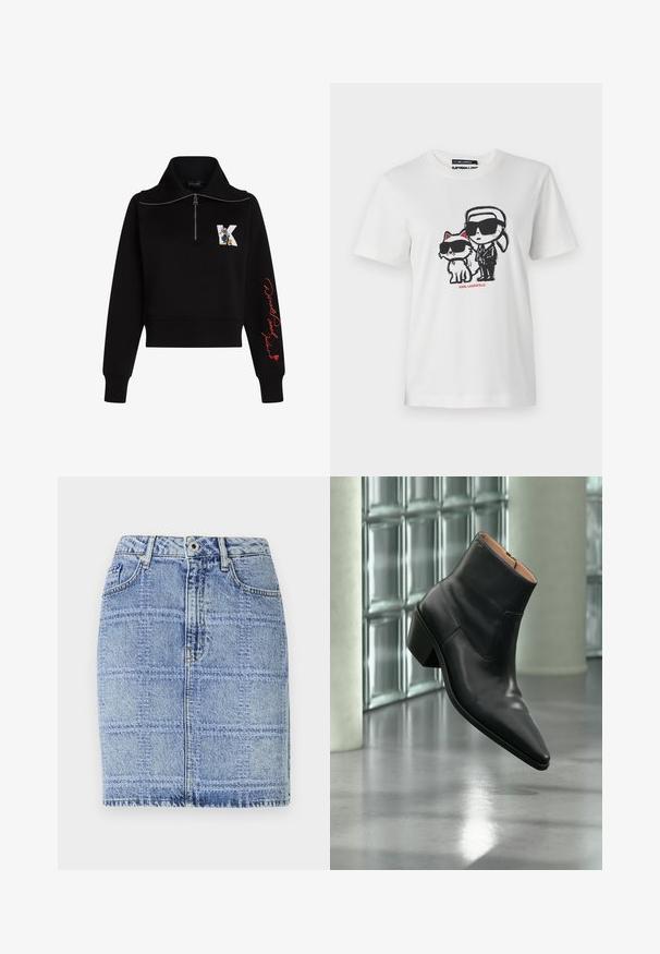 Sort cropped sweatshirt med høj krave, sølv lynlås og rød kursiv tekst på ærmet. Har et tegneserie logo på forsiden.; Hvid bomulds t-shirt med et grafisk motiv af en karakter og en kat, som begge bærer solbriller. Designet inkluderer sorte konturer og røde accenter.; Denim nederdel i lyseblå med et rutenetmønster. Har høj talje, to forlommer og syningsdetaljer langs kanten og sømmene.; Sort læderankelstøvle med spids tå og blokhæl, der svæver over en reflekterende grå gulv nær en væg af glasblokke.