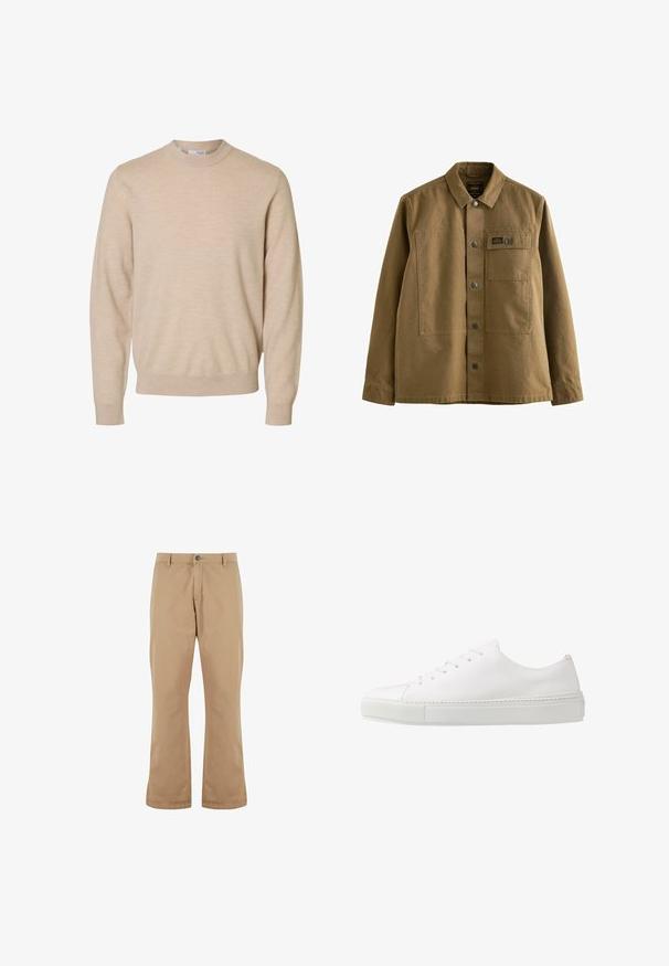 Jersey beige de manga larga y cuello redondo, hecho de tela de punto suave, con puños y dobladillo acanalados, diseñado para hombres.; Chaqueta de lona marrón con cuello tipo solapa, cierre frontal de botones, dos bolsillos en el pecho y tejido texturizado. Diseño inspirado en el estilo militar.; Pantalones de algodón beige con un corte recto, que cuentan con un cierre de botón, bolsillos frontales y una textura suave.; Zapatilla blanca de cuero con un acabado suave, puntera redonda y seis ojales para los cordones. Cuenta con una suela de goma texturizada y un diseño minimalista.