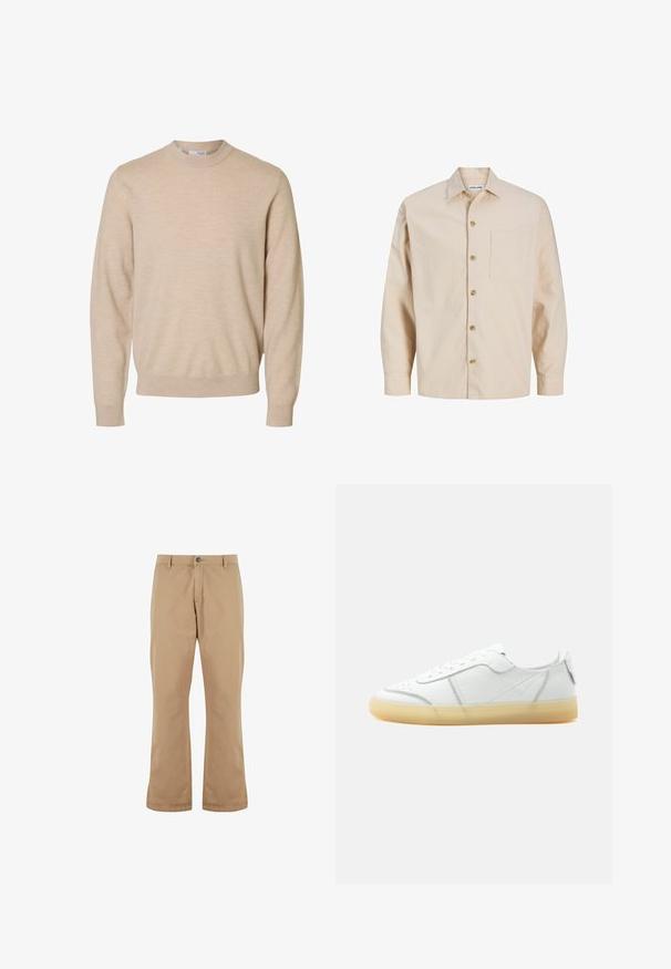 Pull beige à manches longues et col rond en tissu tricoté doux, avec poignets et ourlet côtelés, conçu pour hommes.; Chemise beige en coton avec une poche sur le côté gauche, un col à revers et des manches longues. Elle est ornée de boutons marron.; Pantalons en coton beige à coupe droite, dotés d'une fermeture à bouton, de poches avant et d'une texture lisse.; Baskets basses en cuir blanc avec semelle beige translucide, lacets à l’avant et détails de couture minimalistes, vues de côté sur un fond uni.