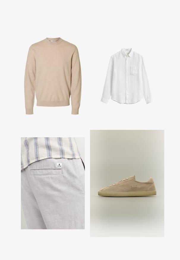 Beige langærmet rundhalset sweater lavet af blødt strikstof, med ribstrikkede manchetter og kant, designet til mænd.; Hvid langærmet skjorte med knapper, krave og brystlomme, lavet af letvægtsstof, vist på hvid baggrund.; Lys grå linnedragt med en baglomme og en lille mærketag. Stoffet har en blød, struktureret overflade.; Beige ruskind lavtop sneaker med beige gummisål, snørelukning og diskret "C.P. Company" branding på siden.