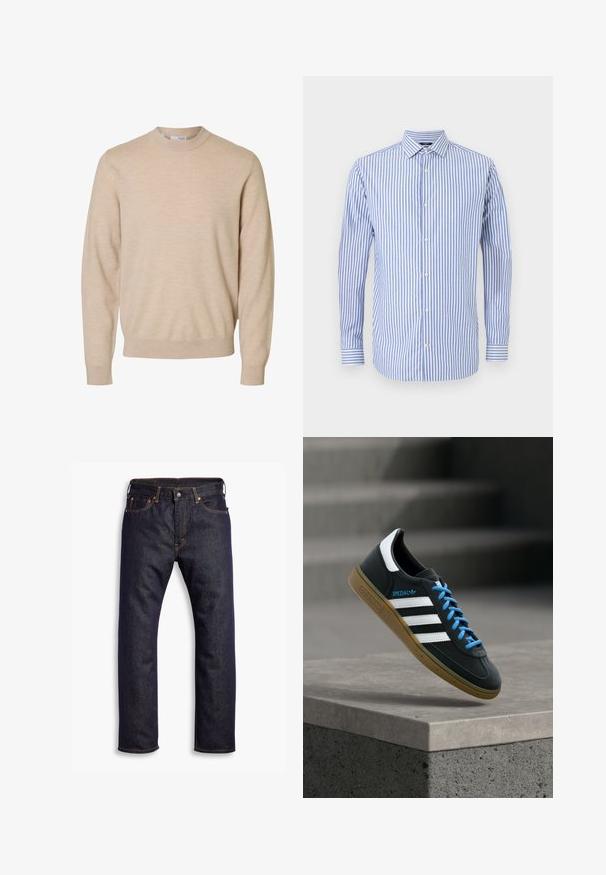 Beige langærmet rundhalset sweater lavet af blødt strikstof, med ribstrikkede manchetter og kant, designet til mænd.; Blå og hvid stribet button-up skjorte med krave, lange ærmer og lige kant. Blødt stof og klassisk pasform.; Mørkeblå lige ben denim jeans med fem lommer og orange kontrastsyning, lagt fladt ud mod hvid baggrund.; Sort Adidas sneaker med hvide striber, blå snørebånd og gummisål, der svæver over gråt betontrin i blødt lys.