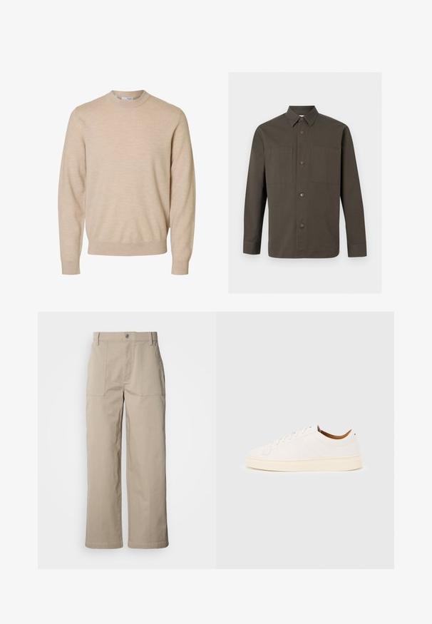 Beige trui met lange mouwen en ronde hals van zachte gebreide stof, met geribbelde boorden en zoom, ontworpen voor heren.; Donkergroen overhemd met lange mouwen, knopen, een spitse kraag en twee borstzakken tegen een lichtgrijze achtergrond.; Beige wijde broek van katoen; voorzien van voorzakken met klep, een knoopsluiting en zichtbare stiknaden langs de zoom.; Witte lage sneaker met vetersluiting, minimale stikdetails en een crèmekleurige zool op een lichtgrijze achtergrond.