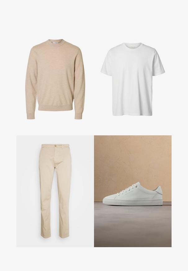 Beige trui met lange mouwen en ronde hals van zachte gebreide stof, met geribbelde boorden en zoom, ontworpen voor heren.; Eenvoudig wit T-shirt met korte mouwen en ronde hals, losse pasvorm en zonder zichtbare logo's of ontwerpen aan de voorkant.; Beige katoenen chino's met een rechte pijp, voorste knoopsluiting, riemlussen en een gladde textuur. Geschikt voor casual en semi-formele gelegenheden.; Witte leren lage sneaker met veters, zwevend boven een beige vloerkleed met textuur, vlakbij een ronde houten salontafel met boeken.