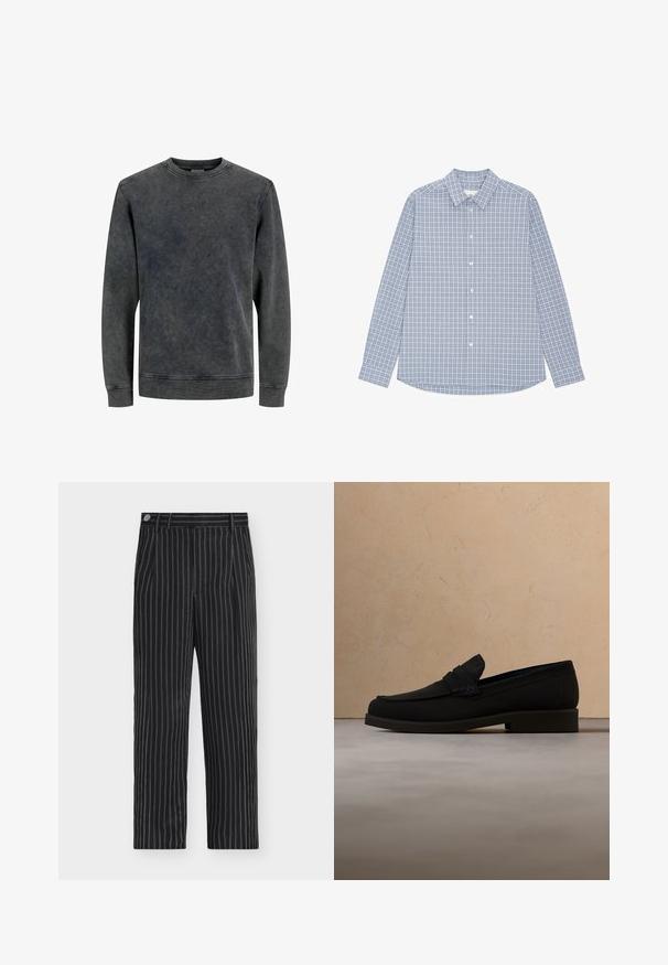 Sweatshirt gris à col rond avec des manches longues, fabriqué à partir d'un tissu doux et texturé. Il présente un effet délavé et des détails de couture simples.; Chemise à manches longues à boutons avec un motif à carreaux bleu et blanc et une poche poitrine unique, posée à plat sur un fond blanc.; Pantalon noir à fines rayures verticales blanches, fermeture par boutons, passants pour ceinture et coupe droite.; Mocassin en cuir noir flottant au-dessus d'un tapis beige avec un canapé beige en tissu en arrière-plan.