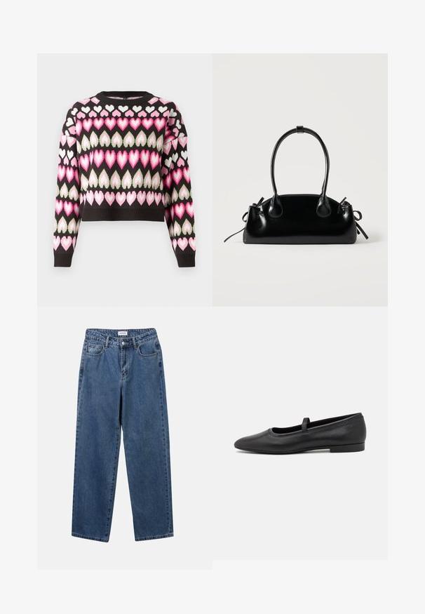 Kort sweater i sort med et farverigt hjerte mønster i pink og grøn. Strikket tekstur og ribbede manchetter. Rund halsudskæring.; Klassiske blå denimbukser med lige ben, fem lommer og knaplukning. Har en medium vask og en robust tekstur.; Sorte ballet flade lavet af glatmælket læder, med en rund tå, et lille bånd henover toppen, og et minimalistisk design.; Lille sort blank håndtaske med to lange håndtag og snøre-detaljer i siden på en ensfarvet lys baggrund.