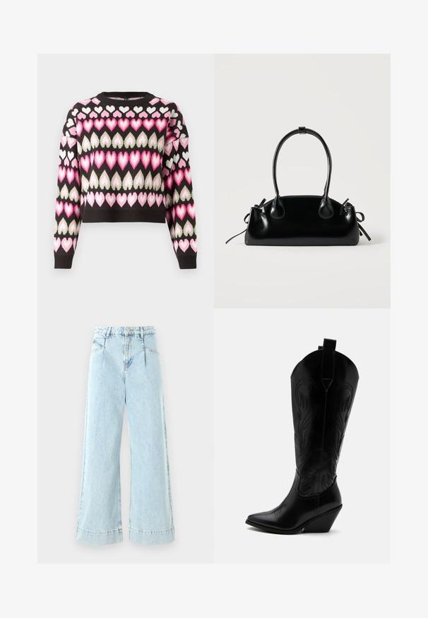 Pull court noir avec un motif de cœurs colorés en rose et vert. Texture tricotée et poignets côtelés. Col rond.; Jeans larges en denim bleu clair, avec une taille haute, des poches avant et des accents cousus à l'ourlet.; Botte de cowboy en cuir noir avec bout pointu, talon bloc incliné, couture décorative et languettes en haut sur fond blanc.; Petit sac à main noir brillant avec deux longues anses et des détails à cordon sur les côtés sur un fond clair uni.