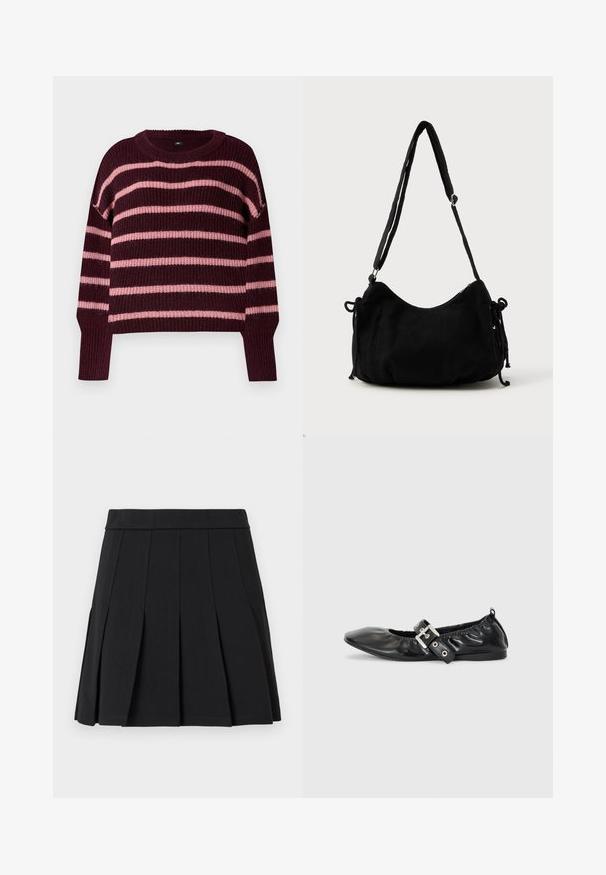 Bordeaux trui met horizontale roze strepen. Gebreide textuur, ronde hals en geribbelde mouwen. Schouder met een drop-shoulder design. Boxy ontwerp.; Zwarte geplooide rok gemaakt van een glad materiaal. Voorzien van een brede tailleband en meerdere verticale mesplooien.; Zwarte leren platte schoen met een spitse neus, geplooide details rond de opening en een zilveren gespaccentueerde verstelbare band.; Zwarte corduroy schoudertas met een gebogen vorm, een verstelbare schouderband en trekkoordsluitingen aan beide zijkanten voor maataanpassing.