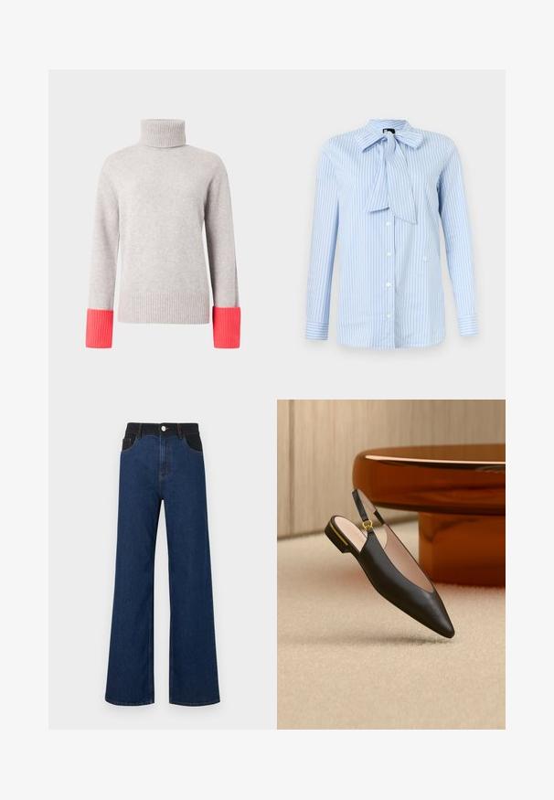Pull à col roulé gris en matériau doux, avec des poignets côtelés de couleur rose vif. Design simple avec manches longues et coupe décontractée.; Blouse bleu clair à manches longues avec des rayures blanches verticales, devant boutonné et grand nœud noué au col.; Jean large taille haute en denim foncé et noir avec poches avant, bouton et passants de ceinture sur fond blanc.; Chaussure plate noire à bout pointu, bride arrière avec boucle dorée et petit talon, posée sur un tapis beige près d'une table ronde marron.