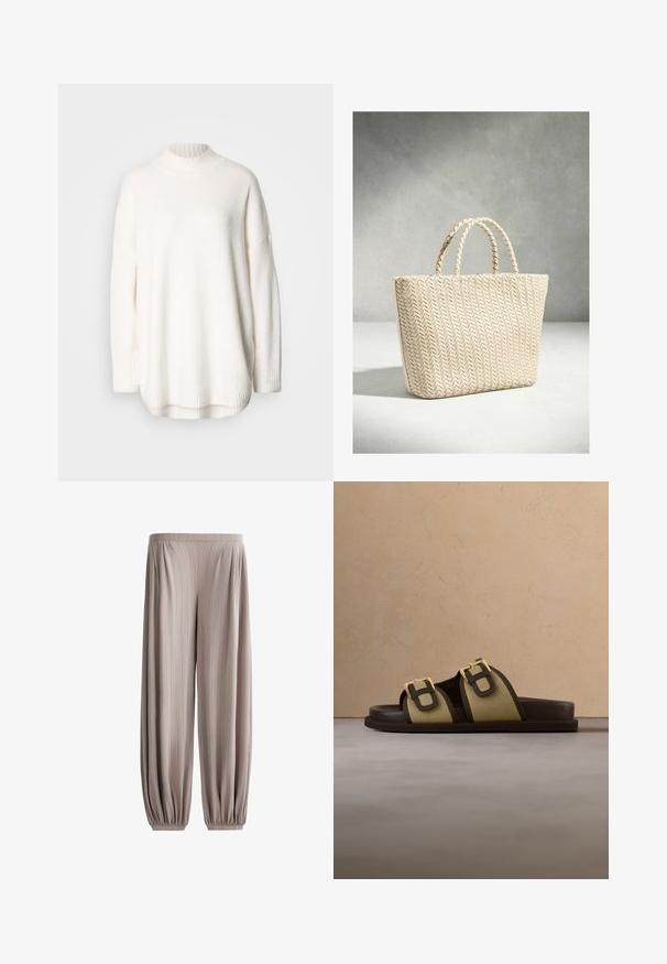 Hvid strikket sweater med ribstrikket høj hals, sænkede skuldre og sideslidser ved kanten. Fremstillet af blødt, struktureret stof.; Løse beige bukser med verticale striber, elastisk talje og elastiske manchetter samlet ved anklerne.; Brun og beige slidssandale med to guldspænder, der hviler på et beige flettet tæppe nær et rundt træbord med stabler af bøger.; Kremfarvet flettet taske med to flettede håndtag, stående oprejst på en lys overflade mod en grå baggrund.