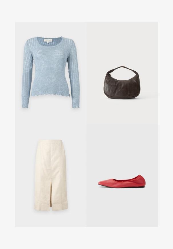 Pull léger en maille bleu clair à manches longues avec motif floral, texture côtelée, ourlet festonné et encolure ronde. Le matériau semble doux et léger.; Jupe midi beige avec une fente centrale à l'avant, coupe droite et détails de coutures verticales visibles sur tissu léger.; Filippa K REY FLATS - Ballerines - bright red; Petit sac à main marron foncé texturé avec une courte bandoulière et un fond arrondi sur un fond clair uni.