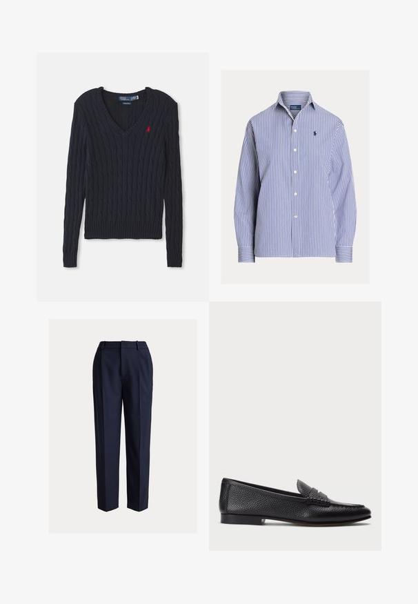 Pull en maille bleu marine avec un col en V, présentant un motif en tricot torsadé, des bords-côtes aux poignets et à l'ourlet, ainsi qu'un petit logo rouge sur la poitrine.; Chemise à manches longues à rayures verticales bleues et blanches, avec col et petit logo brodé sur la poitrine gauche.; Pantalon bleu marine ajusté avec une coupe droite, doté d'une texture lisse, de plis à l'avant et de passants pour ceinture. Pas de poches visibles.; Mocassin en cuir noir avec une finition texturée, doté d'une sangle décorative et d'un talon plat. Design épuré et minimal avec un bout arrondi.