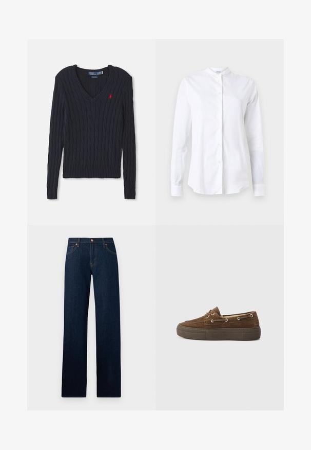 Marineblau gestrickter Pullover mit V-Ausschnitt, ausgestattet mit Zopfmuster, gerippten Bündchen und Saum sowie einem kleinen roten Logo auf der Brust.; Langärmeliges weißes Hemd mit Stehkragen, aus glattem Stoff gefertigt, mit Knopfleiste vorne und tailliertem Schnitt. Ohne Muster oder Akzente.; Dunkelblaue Straight-Leg-Denimjeans mit fünf Taschen, Knopfverschluss und sichtbaren gelben Nähten an Nähten und Gürtelschlaufen.; Braune Wildleder-Sneaker mit niedrigem Profil, abgerundetem Zehenbereich, Metallösen und Gummisohle. Verfügt über Ziernähte entlang der Seiten.