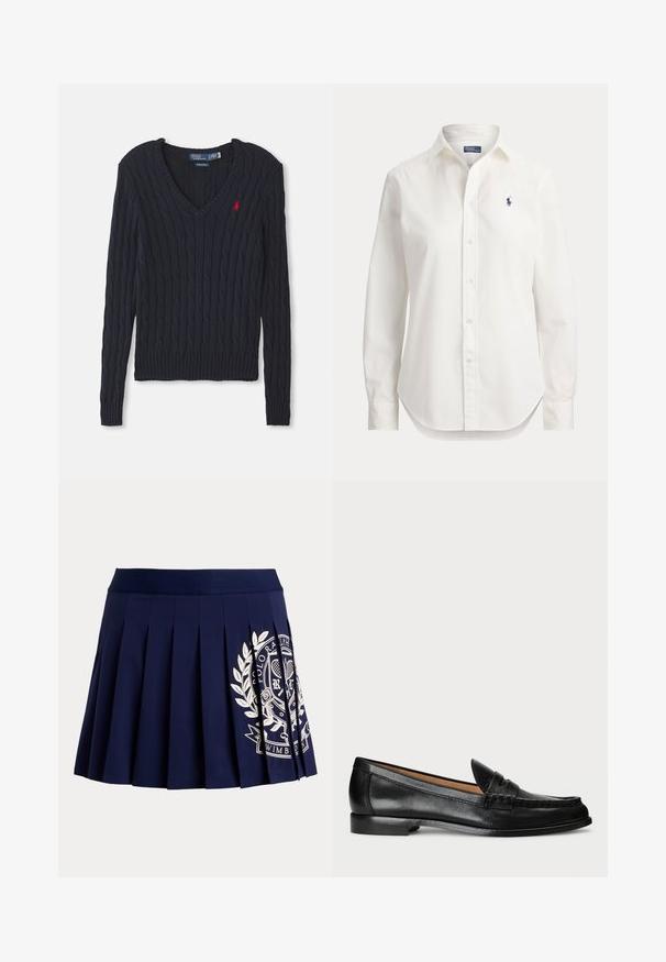 Pull en maille bleu marine avec un col en V, présentant un motif en tricot torsadé, des bords-côtes aux poignets et à l'ourlet, ainsi qu'un petit logo rouge sur la poitrine.; Chemise blanche à manches longues avec boutons, col et petit logo bleu d’un joueur de polo sur la poitrine gauche.; Jupe plissée bleu marine avec une large ceinture et un logo blanc à thème tennis sur le bas à droite.; Lauren Ralph Lauren WYNNIE - Chaussons - black