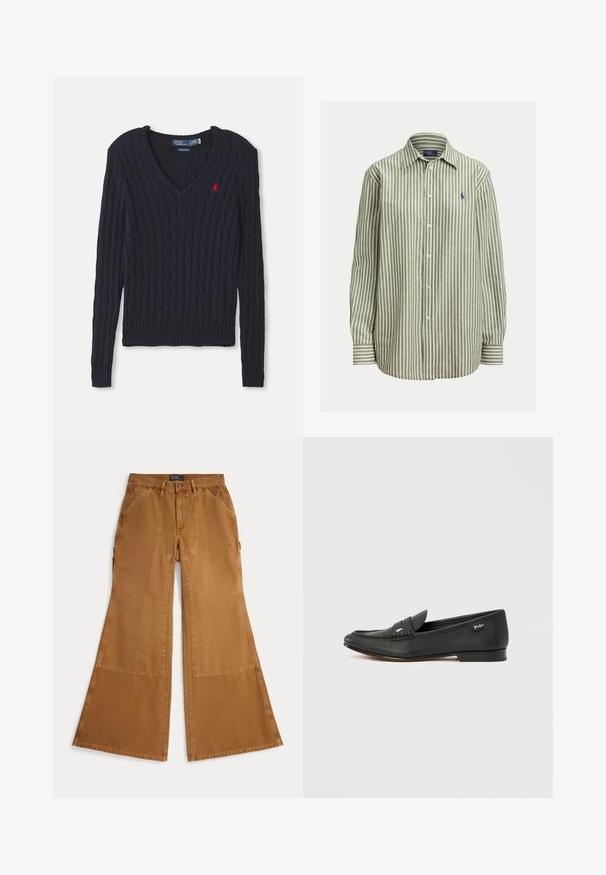 Pull en maille bleu marine avec un col en V, présentant un motif en tricot torsadé, des bords-côtes aux poignets et à l'ourlet, ainsi qu'un petit logo rouge sur la poitrine.; Chemise à boutons à rayures vertes et blanches, tissu en coton, manches longues, col classique, logo bleu marine sur la poitrine gauche, poignets unis.; Pantalon marron à jambes larges en coton avec détails en patch, fermeture à boutons et poches avant inclinées. Texture lisse, design décontracté.; Mocassin en cuir noir avec finition texturée, détail porte-penny, profil mince, branding subtil sur le côté et talon bas et plat.