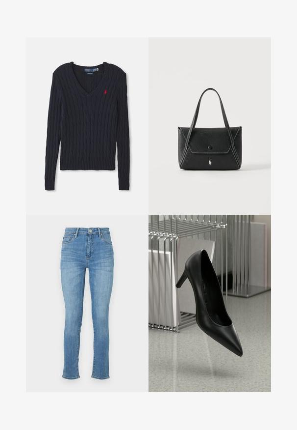 Pull en maille bleu marine avec un col en V, présentant un motif en tricot torsadé, des bords-côtes aux poignets et à l'ourlet, ainsi qu'un petit logo rouge sur la poitrine.; Jean en denim bleu clair avec une coupe ajustée, taille mi-haute, design à cinq poches et décoloration subtile au niveau des cuisses, avec des accents brodés.; Chaussure à talons hauts en cuir noir avec un bout pointu et un talon fin, placée sur un fond minimaliste avec des couleurs métalliques et neutres.; Sac à main en cuir noir avec deux poignées, rabat avant à fermeture par bouton, coutures blanches et petit logo cheval sur fond uni.