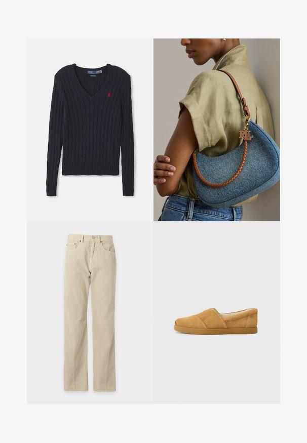 Marineblau gestrickter Pullover mit V-Ausschnitt, ausgestattet mit Zopfmuster, gerippten Bündchen und Saum sowie einem kleinen roten Logo auf der Brust.; Beige Cordhose mit geradem Bein, Vordertaschen, Gürtelschlaufen und Knopfverschluss, auf schlichtem Hintergrund präsentiert.; Hellbraune Wildleder-Slipper mit Gummisohle, niedrigem Absatz und minimalen Nähdetails, seitlich auf einem weißen Hintergrund dargestellt.; Frau trägt beige Hemd und blaue Jeans und hält eine blaue Denim-Handtasche mit geflochtenem braunem Riemen und goldenem RLL-Logo-Anhänger.