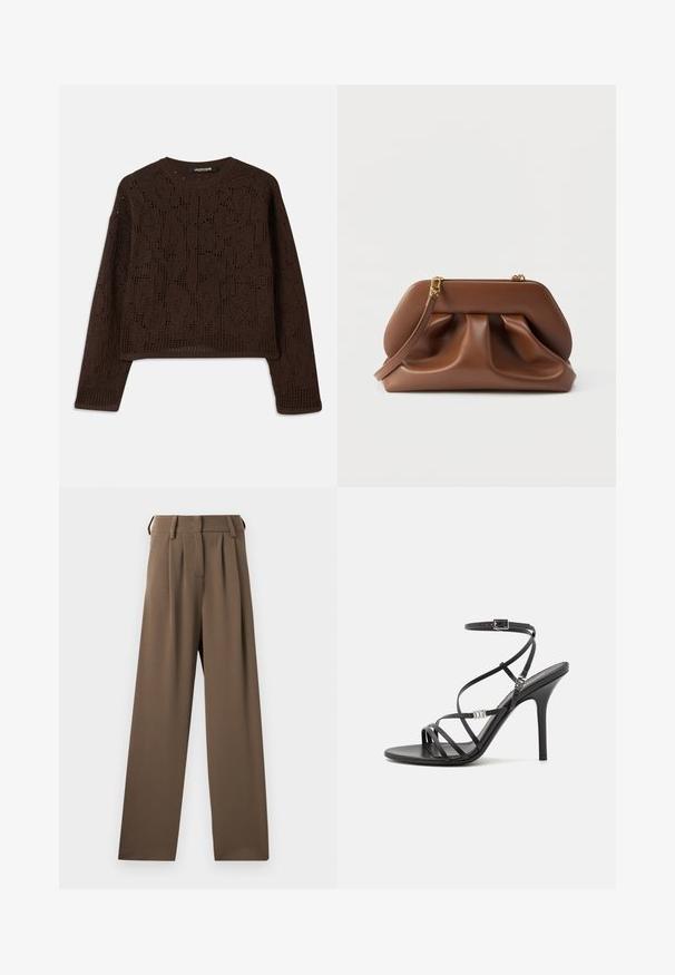 Pull en tricot marron avec un motif en openwork texturé, un col rond et des manches longues. Ourlet court et coupe décontractée.; Pantalons larges marron avec une ceinture structurée, des plis à l'avant et une texture lisse et mate. Pas de poches visibles ni de décorations.; Sandale noire à talons hauts avec des brides fines, une boucle à la cheville, une surface en cuir lisse et un talon aiguille élancé.; Pochette en cuir marron avec design froncé, quincaillerie dorée et bracelet amovible, sur fond blanc.
