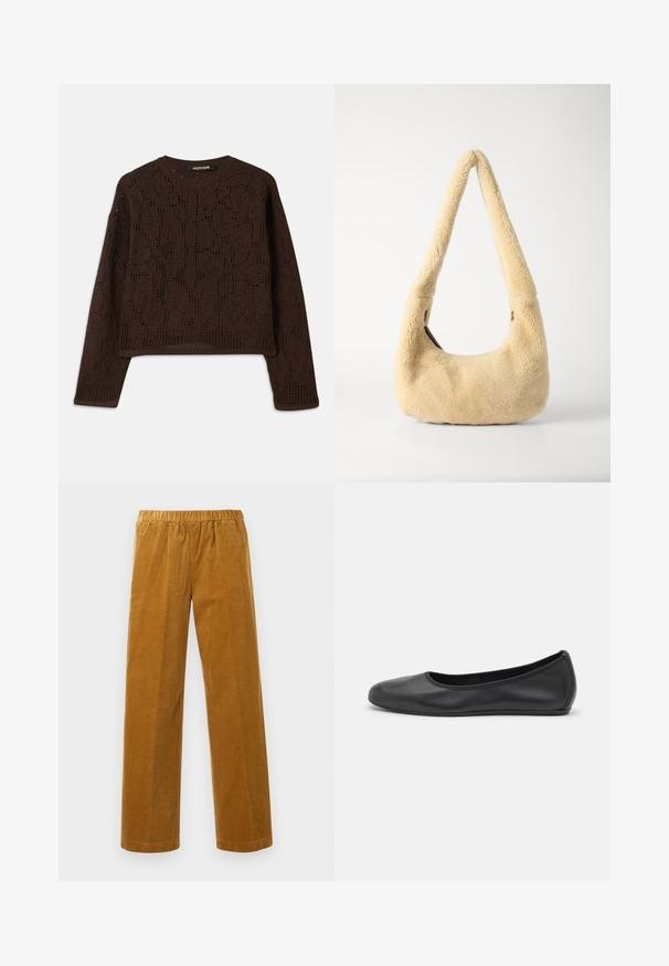 Brun, strikket sweater med et tekstureret, hæklet design, rund hals og lange ærmer. Korte ender og afslappet pasform.; Elastisk talje, lige ben, kordfløjl bukser i sennep brun med lodret ribbet tekstur, præsenteret mod en ensfarvet hvid baggrund.; Sort læderballetsko med rund tå, glat tekstur, minimal syning og et fleksibelt såldesign.; Beige shearling skuldertaske med et buet håndtag og en afrundet form. Teksturen er blød og fyldig, med minimale hardware-details.