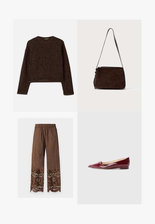 Brun, strikket sweater med et tekstureret, hæklet design, rund hals og lange ærmer. Korte ender og afslappet pasform.; Brune vidde bukser med elastik i taljen og indviklet blomsterudskåret blonder langs de nederste ben og kanter.; Bordeaux patenteret læderballerinaer med spids tå, der har en lille udskæring og en lav hæl. Glat tekstur og elegant design.; Mørkebrun ruskindstaske med en tekstureret sort krokodillemønster-rem og sider, der har en guldfarvet lynlås og spænde.